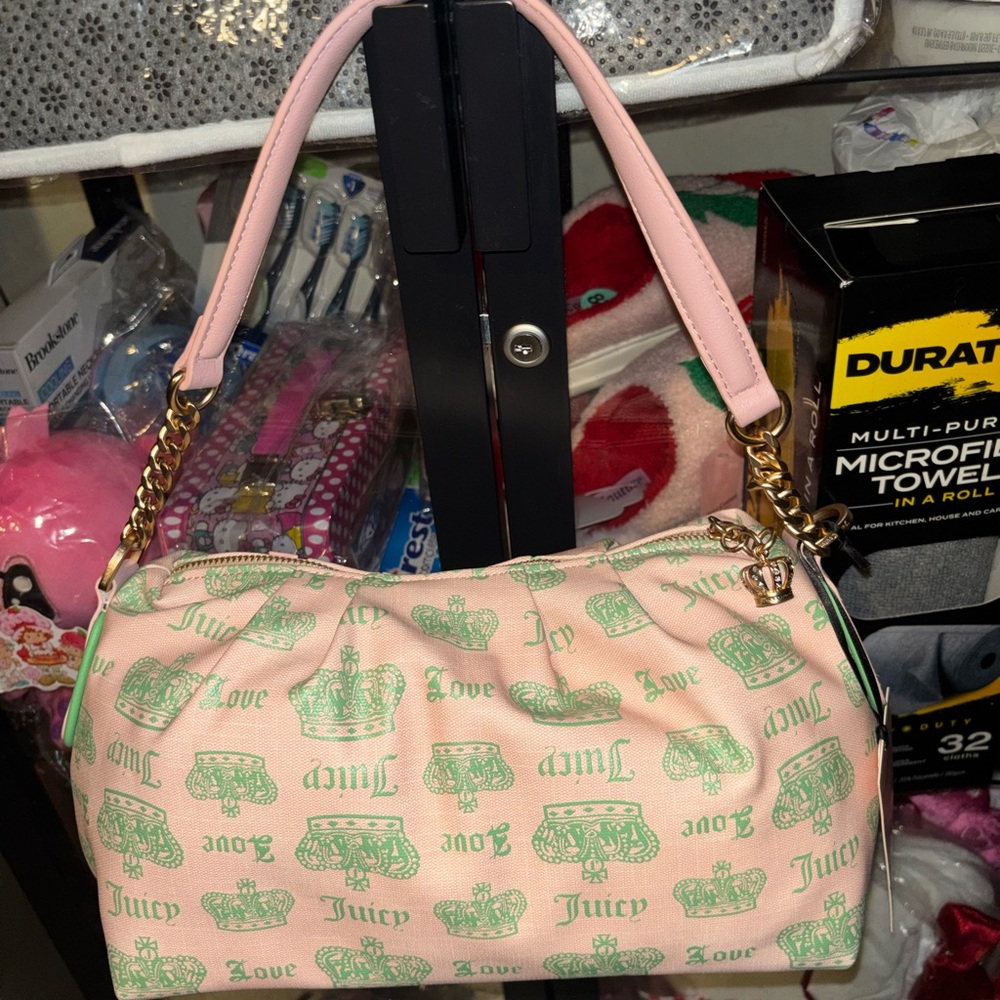 Juicy Couture Pink Shoulder Bag with Mint Crown Print